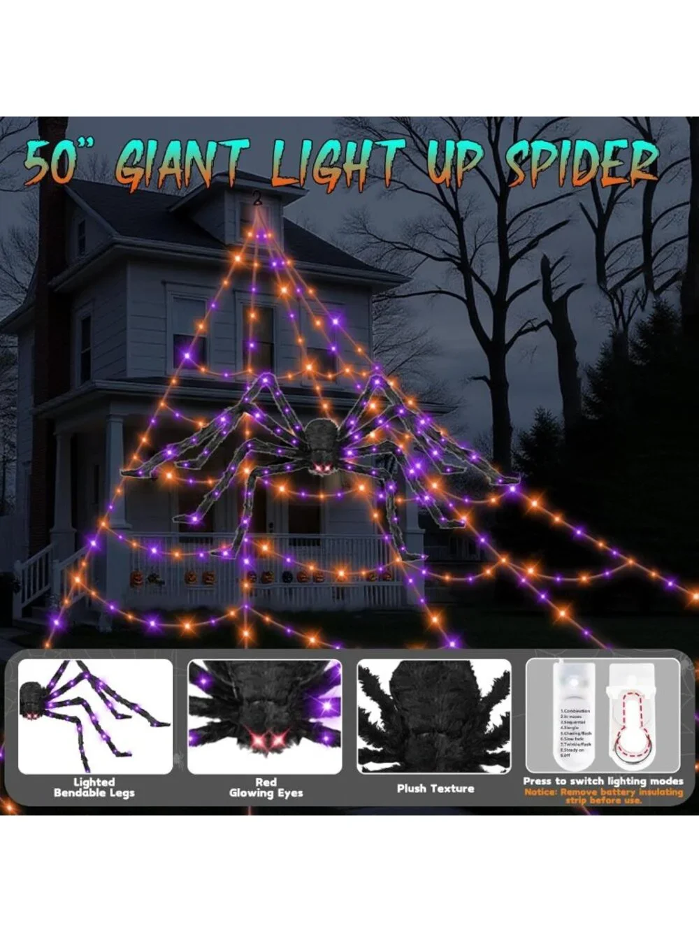 Giant Glowing Spider Outdoor Halloween Decorations with Spider Web Lights